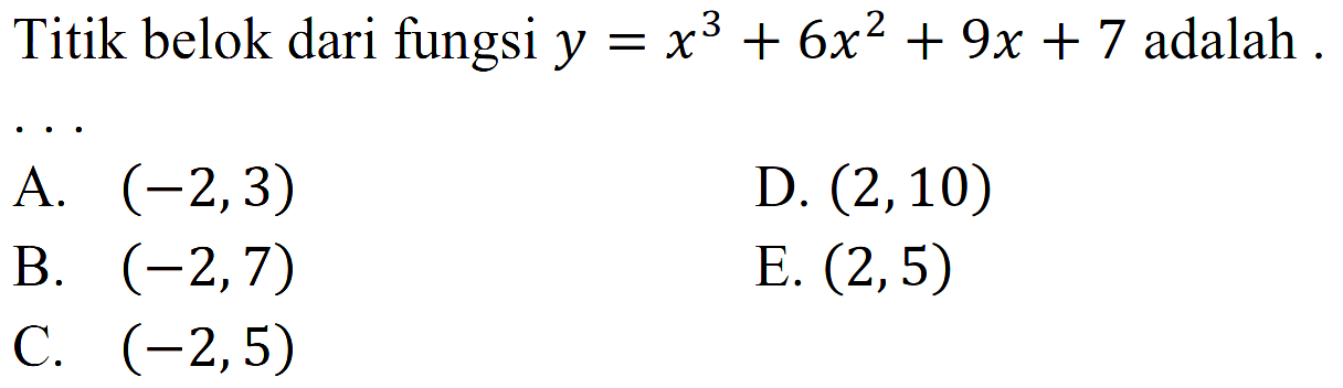 Titik belok dari fungsi y=x^3+6x^2+9x+7 adalah ....