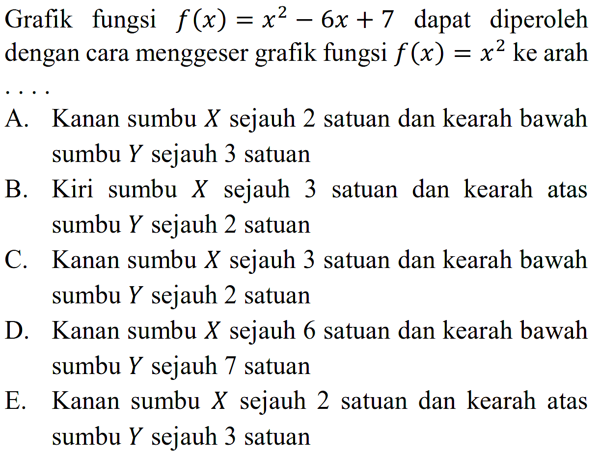 Grafik fungsi f(x)=x^2-6x+7 dapat diperoleh dengan cara menggeser grafik fungsi f(x)=x^2 ke arah