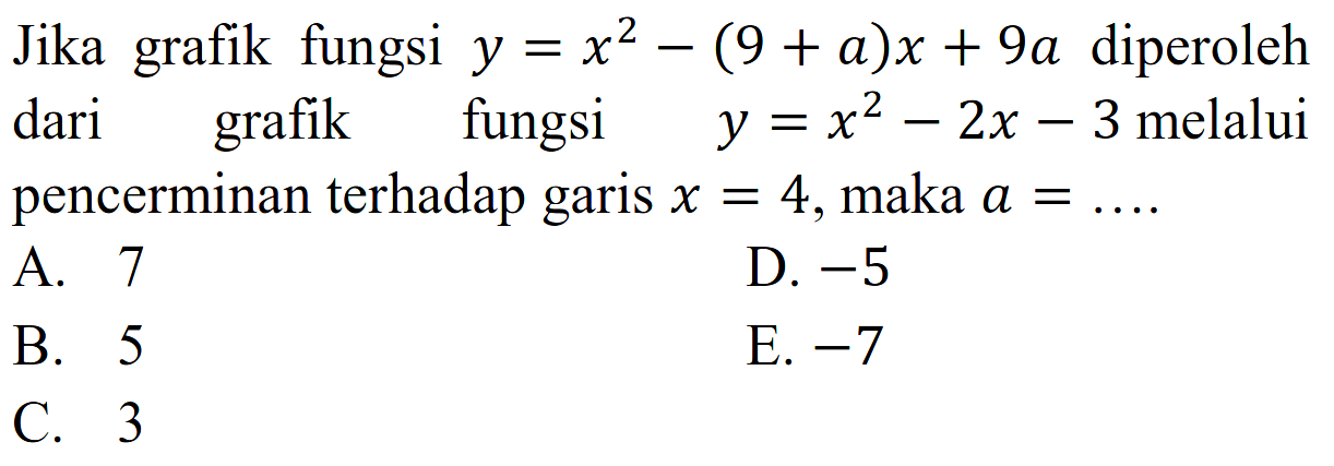 Jika grafik fungsi y=x^2-(9+a)x+9a diperoleh dari grafik fungsi y=x^2-2x-3 melalui pencerminan terhadap garis x=4, maka a=....