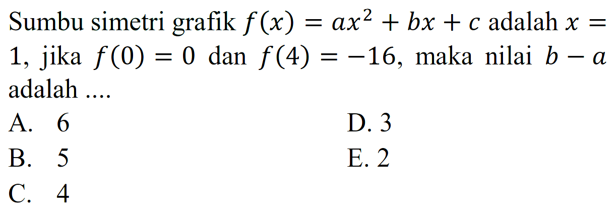 Sumbu simetri grafik f(x) = ax^2 + bx + c adalah x = 1, jika f(0) = 0 dan f(4) = -16, maka nilai b - a adalah.... A. 6 D. 3 B. 5 E. 2 C. 4