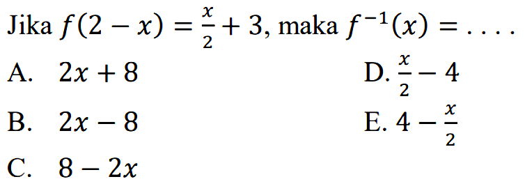 Jika f(2-x)=x/2+3, maka f^(-1)(x)= .... 
