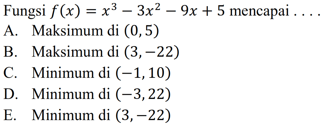 Fungsi f(x)=x^3-3x^2-9x+5 mencapai ...