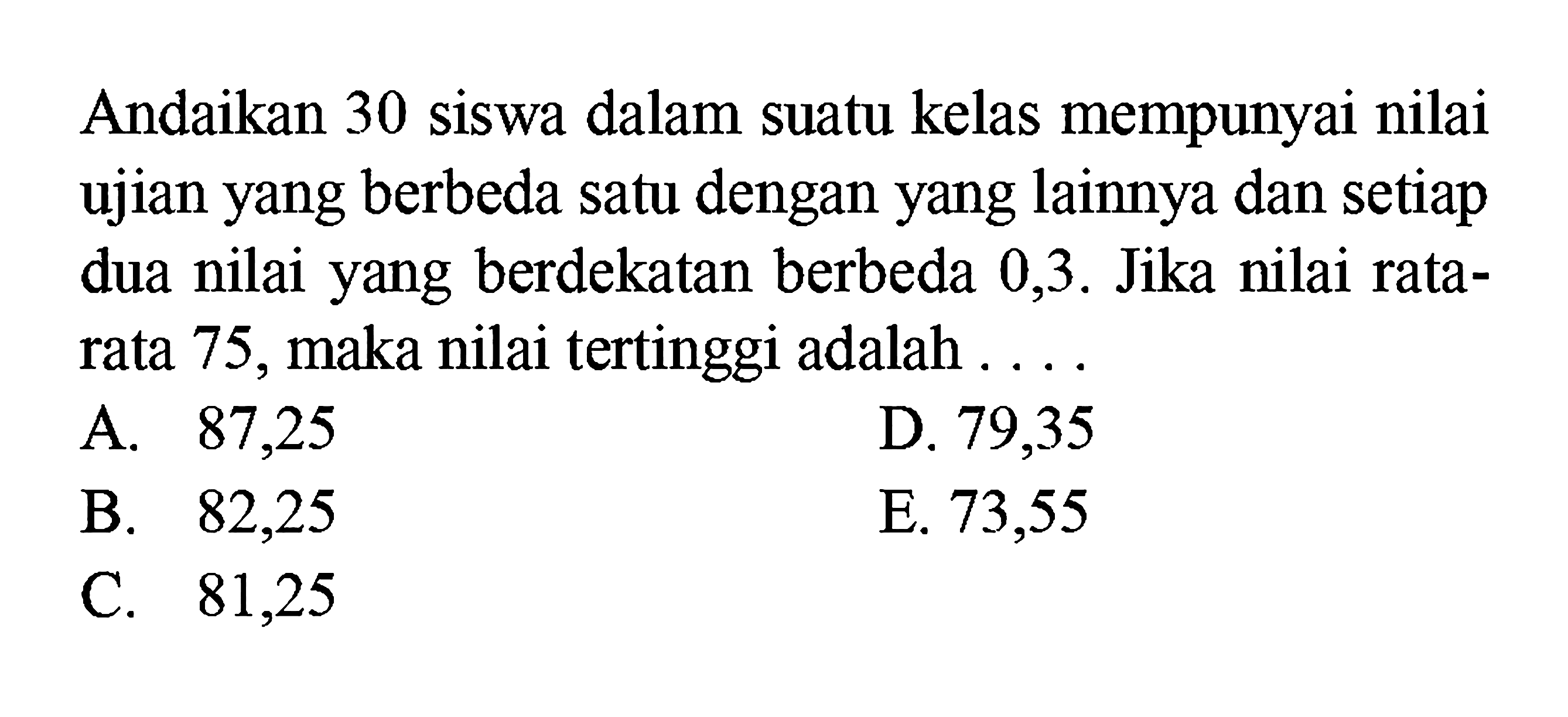 Andaikan 30 siswa dalam suatu kelas mempunyai nilai ujian yang berbeda satu dengan yang lainnya dan setiap dua nilai yang berdekatan berbeda 0,3 . Jika nilai rata-rata 75, maka nilai tertinggi adalah ....