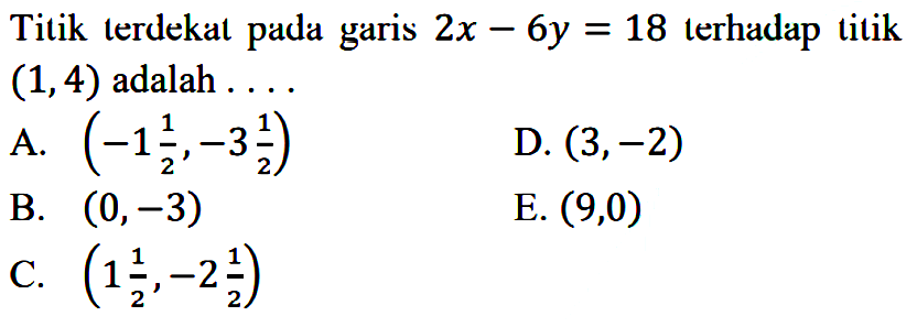 Titik terdekat pada garis 2x - 6y = 18 terhadap titik (1, 4) adalah . . . .