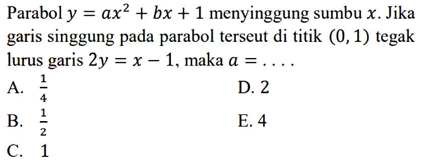 Parabola y=ax^2+bx+1 menyinggung sumbu x. Jika garis singgung pada parabola tersebut di titik (0,1) tegak lurus garis 2y=x-1, maka a= ....