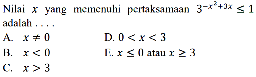 Nilai x yang memenuhi pertaksamaan 3^(-x^2+3x)<=1 adalah ....