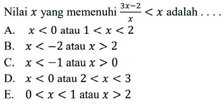 Nilai x yang memenuhi (3x-2)/x<x adalah ....