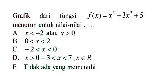 Grafik dari fungsi f(x)=x^3+3x^2+5 menurun untuk nilai-nilai ....