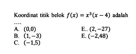 Koordinat titik belok  f(x)=x^3(x-4)  adalah ...