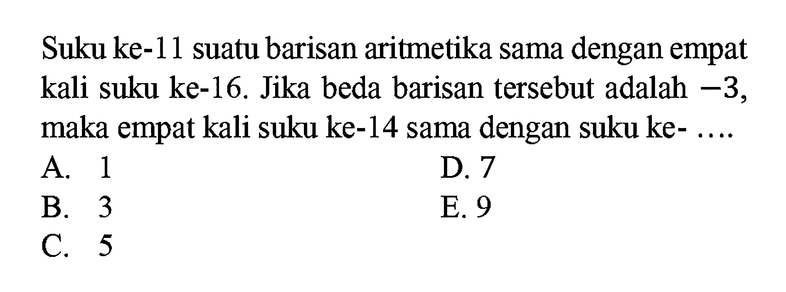 Suku ke-11 suatu barisan aritmetika sama dengan empat kali suku ke-16. Jika beda barisan tersebut adalah -3, maka empat kali suku ke-14 sama dengan suku ke-.... 