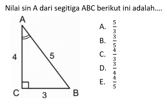 Nilai sin A dari segitiga ABC berikut ini adalah....