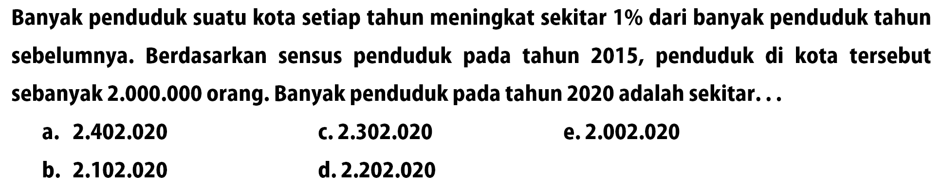 Banyak penduduk suatu kota setiap tahun meningkat sekitar 1% dari banyak penduduk tahun sebelumnya. Berdasarkan sensus penduduk pada tahun 2015, penduduk di kota tersebut sebanyak 2.000.000 orang. Banyak penduduk pada tahun 2020 adalah sekitar...