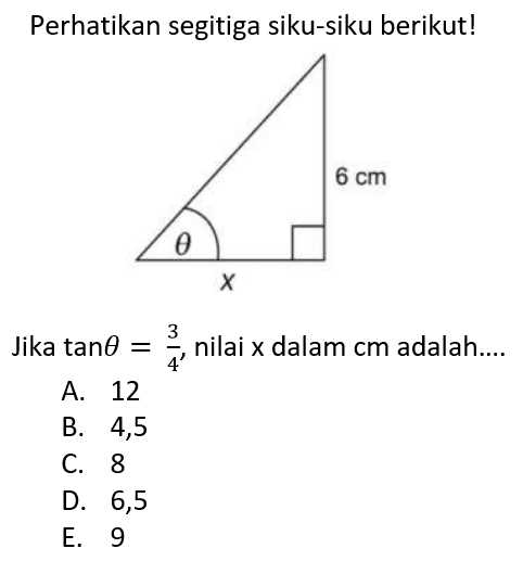 Perhatikan segitiga siku-siku berikut!Jika tan theta=3/4, nilai x dalam cm adalah ...