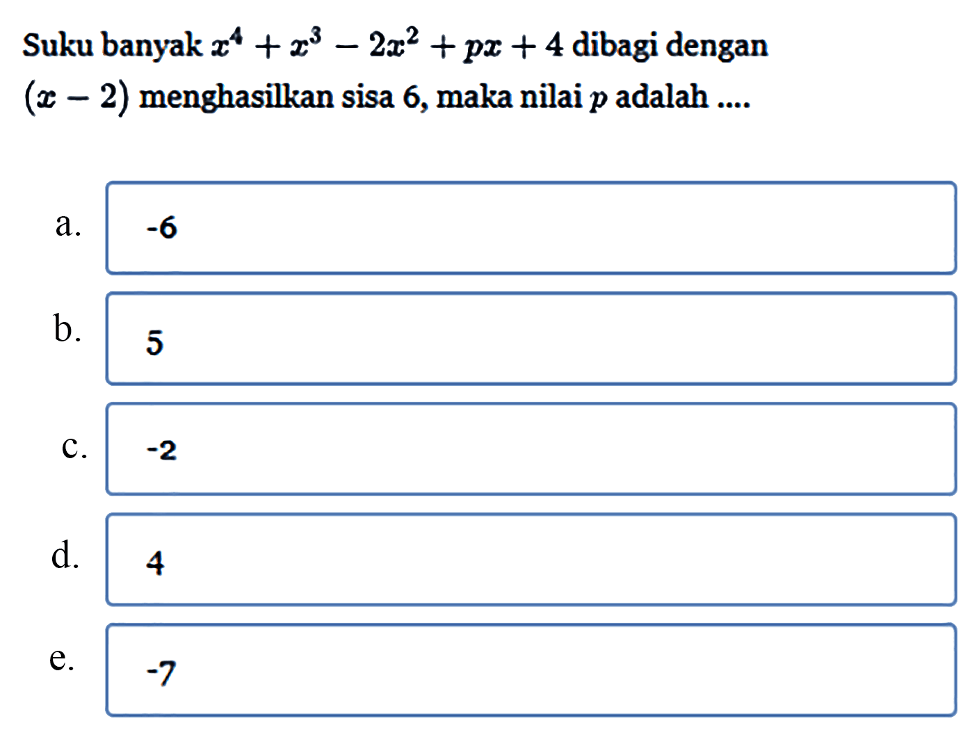 Suku banyak x^4+x^3-2x^2+px+4 dibagi dengan (x-2) menghasilkan sisa 6, maka nilai p adalah ....