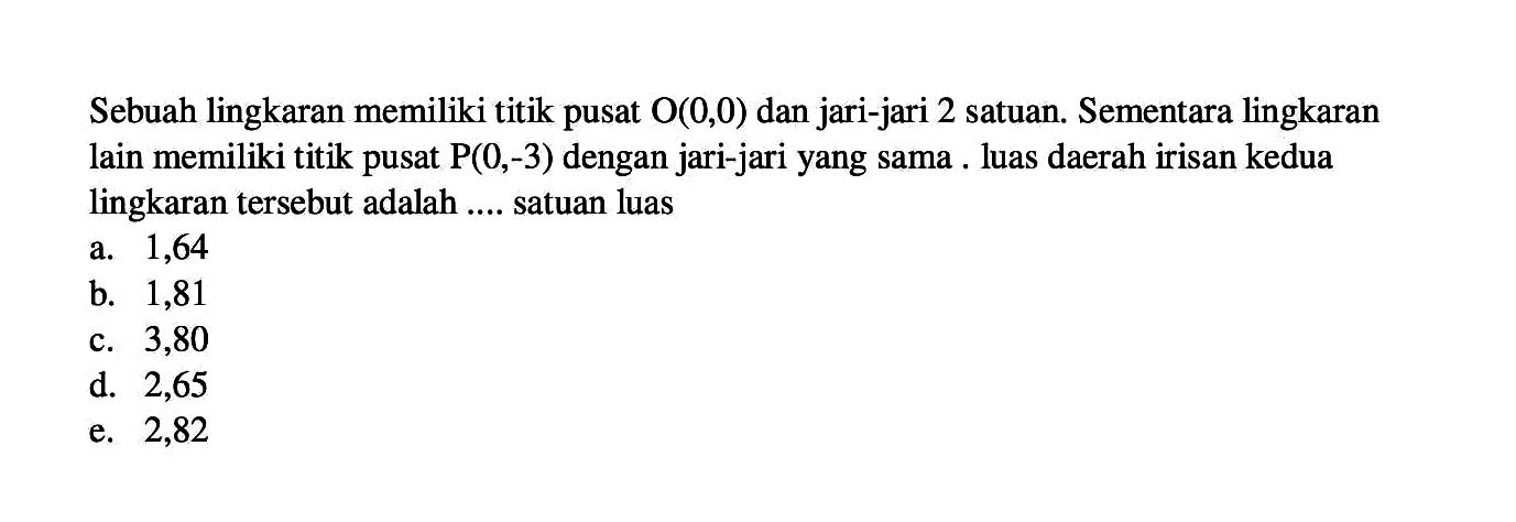 Sebuah lingkaran memiliki titik pusat O(0,0) dan jari-jari 2 satuan. Sementara lingkaran lain memiliki titik pusat P(0,-3) dengan jari-jari yang sama. luas daerah irisan kedua lingkaran tersebut adalah .... satuan luas 