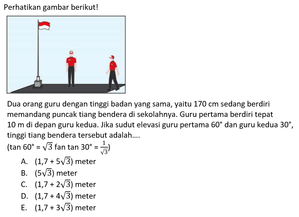 Perhatikan gambar berikut!
Dua orang guru dengan tinggi badan yang sama, yaitu  170 cm  sedang berdiri memandang puncak tiang bendera di sekolahnya. Guru pertama berdiri tepat  10 m  di depan guru kedua. Jika sudut elevasi guru pertama  60  dan guru kedua  30 , tinggi tiang bendera tersebut adalah....
(tan 60=akar(3) fan tan 30=1/akar(3)) 