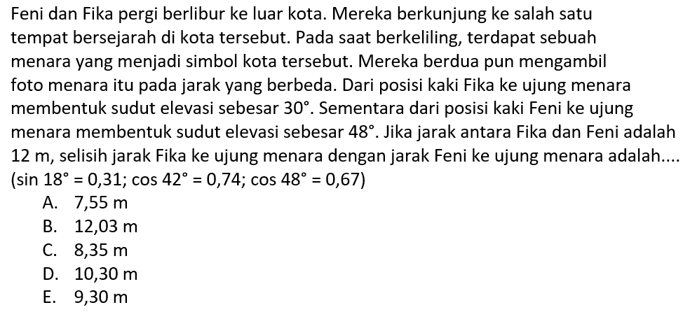 Feni dan Fika pergi berlibur ke luar kota. Mereka berkunjung ke salah satu tempat bersejarah di kota tersebut. Pada saat berkeliling, terdapat sebuah menara yang menjadi simbol kota tersebut. Mereka berdua pun mengambil foto menara itu pada jarak yang berbeda. Dari posisi kaki Fika ke ujung menara membentuk sudut elevasi sebesar 30. Sementara dari posisi kaki Feni ke ujung menara membentuk sudut elevasi sebesar 48. Jika jarak antara Fika dan Feni adalah 12 m, selisih jarak Fika ke ujung menara dengan jarak Feni ke ujung menara adalah ....  (sin 18=0,31; cos 42=0,74; cos 48=0,67)