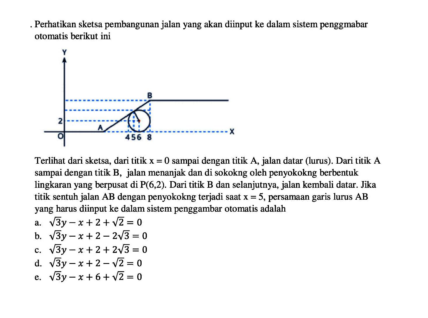 Perhatikan sketsa pembangunan jalan yang akan diinput ke dalam sistem penggmabar otomatis berikut ini
Y B 2 O A 456 8 X

Terlihat dari sketsa, dari titik x=0 sampai dengan titik A, jalan datar (lurus). Dari titik A sampai dengan titik B, jalan menanjak dan di sokokng oleh penyokokng berbentuk lingkaran yang berpusat di P(6,2). Dari titik B dan selanjutnya, jalan kembali datar. Jika titik sentuh jalan AB dengan penyokokng terjadi saat x=5, persamaan garis lurus AB yang harus diinput ke dalam sistem penggambar otomatis adalah
