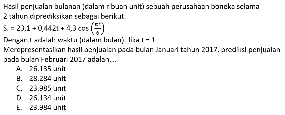 Hasil penjualan bulanan (dalam ribuan unit) sebuah perusahaan boneka selama 2 tahun diprediksikan sebagai berikut S.=23,1+0,442t+4,3 cos(pi t/6) Dengan t adalah waktu (dalam bulan). Jika t=1 Merepresentasikan hasil penjualan pada bulan Januari tahun 2017, prediksi penjualan pada bulan Februari 2017 adalah ....