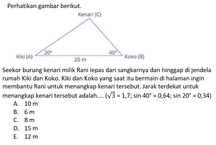 Perhatikan gambar berikut.Seekor burung kenari milik Rani lepas dari sangkarnya dan hinggap di jendela rumah Kiki dan Koko. Kiki dan Koko yang saat itu bermain di halaman ingin membantu Rani untuk menangkap kenari tersebut. Jarak terdekat untuk menangkap kenari tersebut adalah....  (akar(3)=1,7 ; sin 40=0,64 ; sin 20=0,34) A.  10 m B.  6 m C.  8 m D.  15 m E.  12 m 