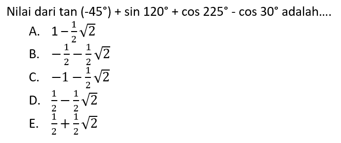 Nilai dari tan(-45)+sin 120+cos 225-cos 30 adalah....