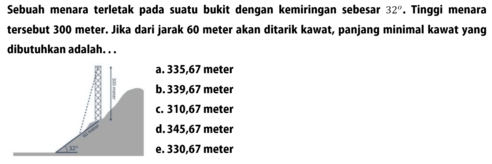 Sebuah menara terletak pada suatu bukit dengan kemiringan sebesar 32. Tinggi menara tersebut 300 meter. Jika dari jarak 60 meter akan ditarik kawat, panjang minimal kawat yang dibutuhkan adalah...