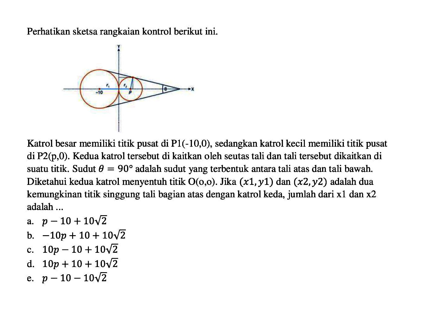 Perhatikan sketsa rangkaian kontrol berikut ini. r1 r2 -10 P X Y theta 
Katrol besar memiliki titik pusat di P1(-10,0), sedangkan katrol kecil memiliki titik pusat di P2(  p, 0) . Kedua katrol tersebut di kaitkan oleh seutas tali dan tali tersebut dikaitkan di suatu titik. Sudut  theta=90  adalah sudut yang terbentuk antara tali atas dan tali bawah. Diketahui kedua katrol menyentuh titik  O(o, o) . Jika  (x1, y1)  dan  (x2, y2)  adalah dua kemungkinan titik singgung tali bagian atas dengan katrol keda, jumlah dari x1 dan x2  adalah  ... 
