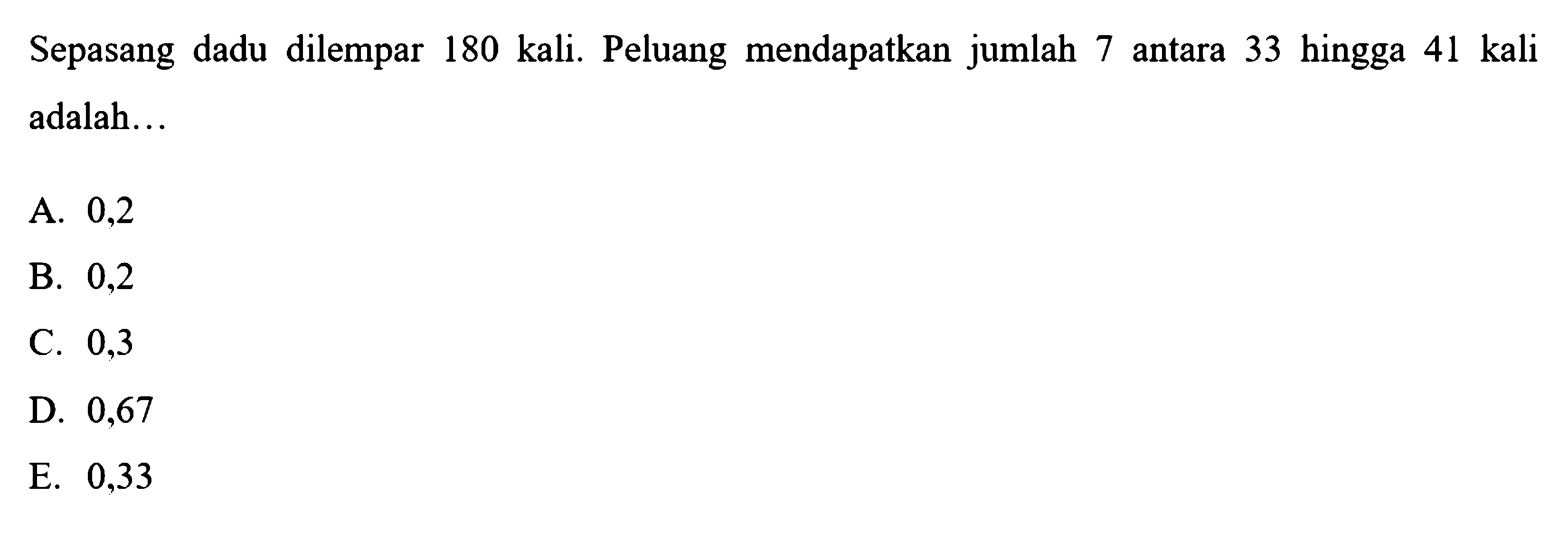 Sepasang dadu dilempar 180 kali. Peluang mendapatkan jumlah 7 antara 33 hingga 41 kali adalah ...