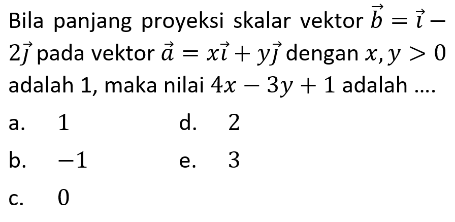 Bila panjang proyeksi skalar vektor  b = i - 2j pada vektor a = xi + yj dengan  x, y>0  adalah 1, maka nilai  4x - 3y + 1  adalah ....