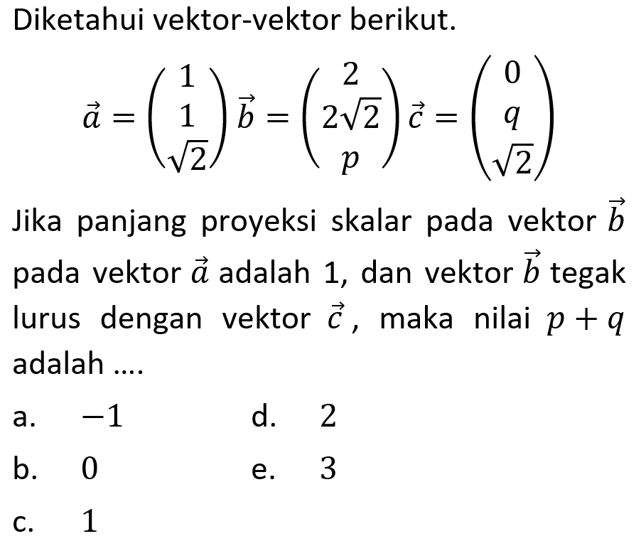 Diketahui vektor-vektor berikut. vektor a=(1 1 akar(2)) vektor b=(2 2akar(2) p) vektor c=(0 q akar(2)) Jika panjang proyeksi skalar pada vektor b pada vektor a adalah 1, dan vektor b tegak lurus dengan vektor c, maka nilai p+q adalah....