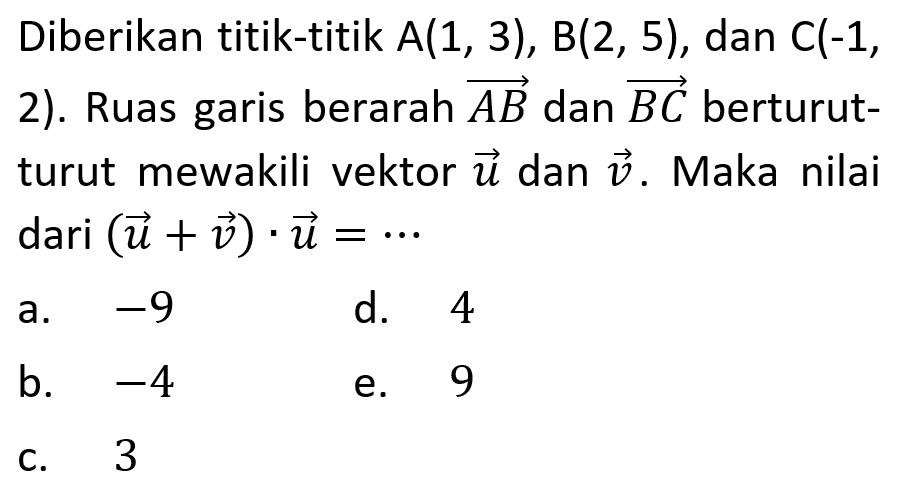 Diberikan titik-titik A(1,3), B(2,5), dan C(-1 , 2). Ruas garis berarah vektor AB dan vektor BC berturut turut mewakili vektor u dan vektor v. Maka nilai dari(vektor u+ vektor v). vektor u= ...