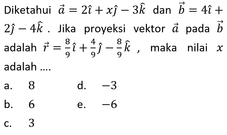 Diketahui vektor a=2i+xj-3k dan vektor b=4i+ 2j-4k. Jika proyeksi vektor a pada b adalah vektor r=8/9 i+4/9 j-8/9 k, maka nilai x adalah ....