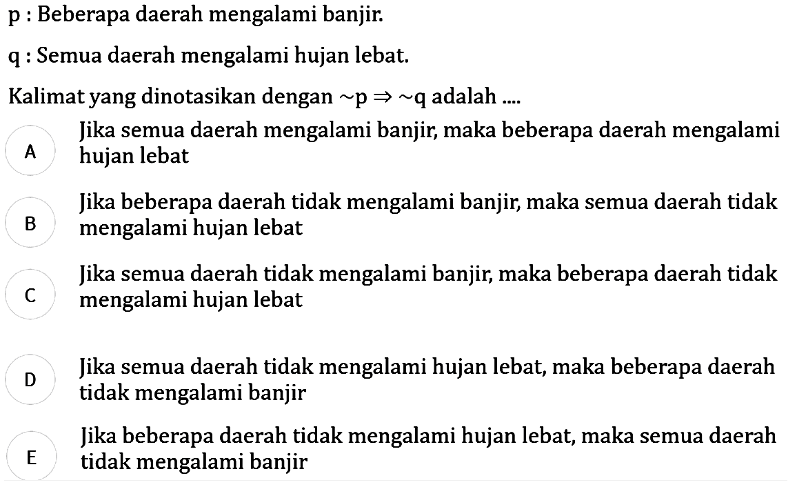 p : Beberapa daerah mengalami banjir.
q : Semua daerah mengalami hujan lebat.
Kalimat yang dinotasikan dengan ~p -> ~q adalah....
