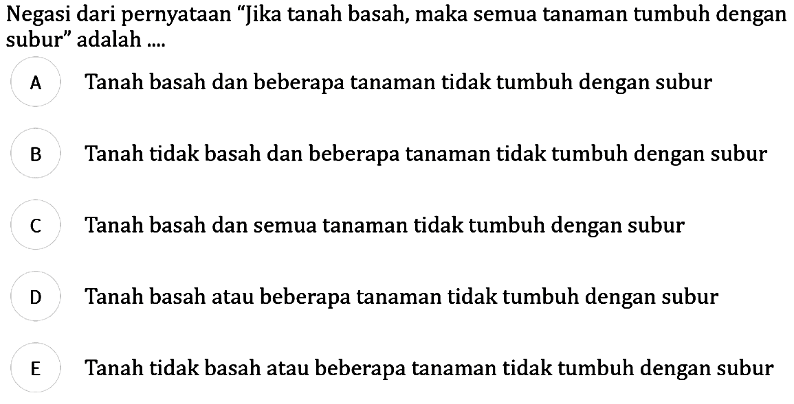 Negasi dari pernyataan "Jika tanah basah, maka semua tanaman tumbuh dengan subur" adalah ....
