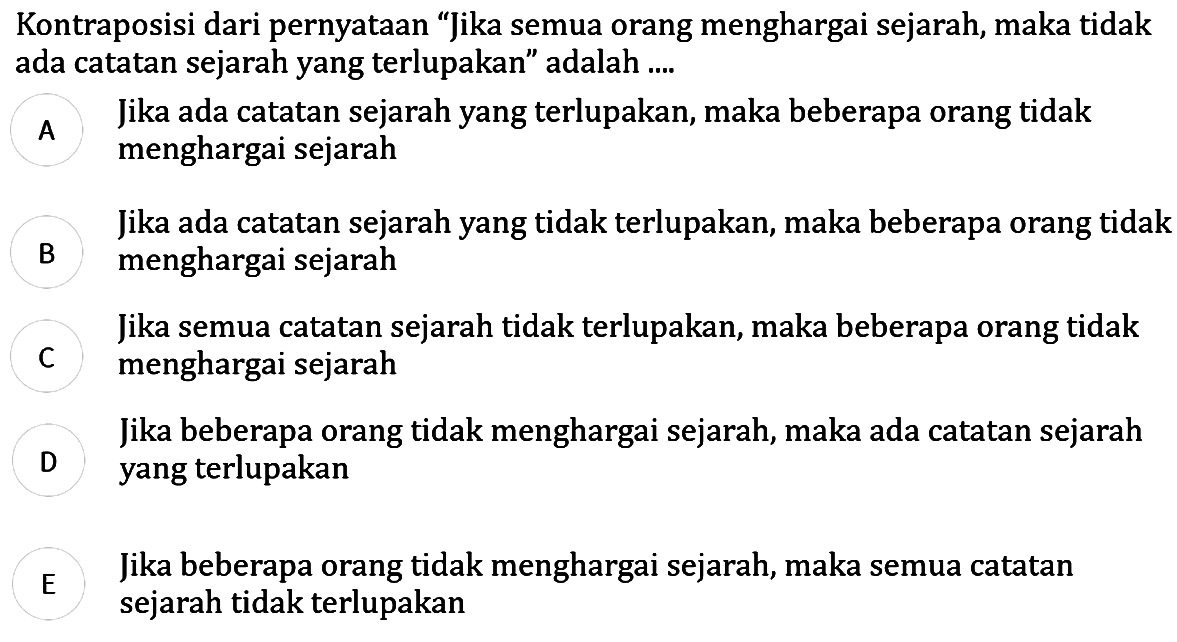 Kontraposisi dari pernyataan "Jika semua orang menghargai sejarah, maka tidak ada catatan sejarah yang terlupakan" adalah ...
