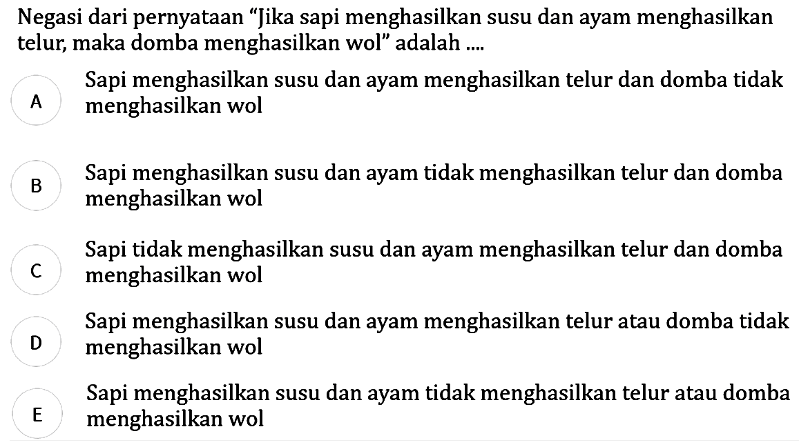 Negasi dari pernyataan "Jika sapi menghasilkan susu dan ayam menghasilkan telur, maka domba menghasilkan wol" adalah...