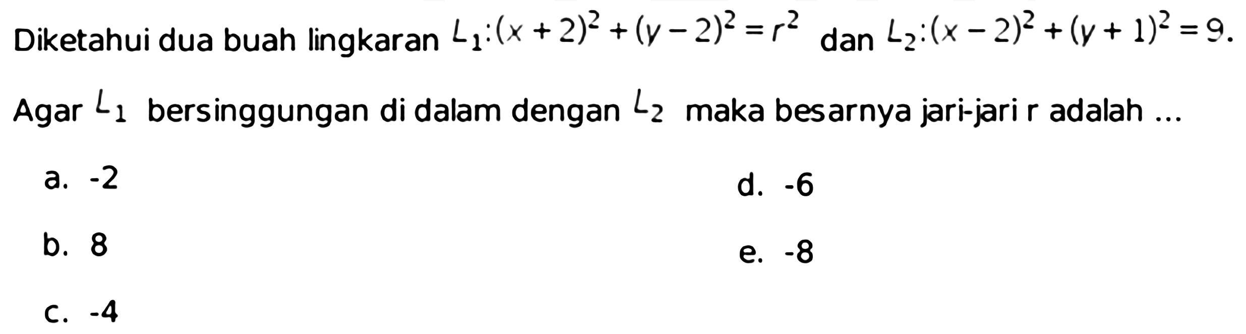 Diketahui dua buah lingkaran L1:(x+2)^2+(y-2)^2=r^2 dan L2:(x-2)^2+(y+1)^2=9. Agar L1 bersinggungan di dalam dengan L2 maka besarnya jari-jari r adalah...