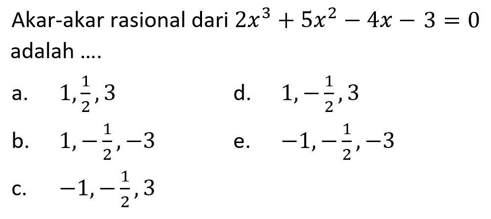 Akar-akar rasional dari 2x^3+5x^2-4x-3=0 adalah ....