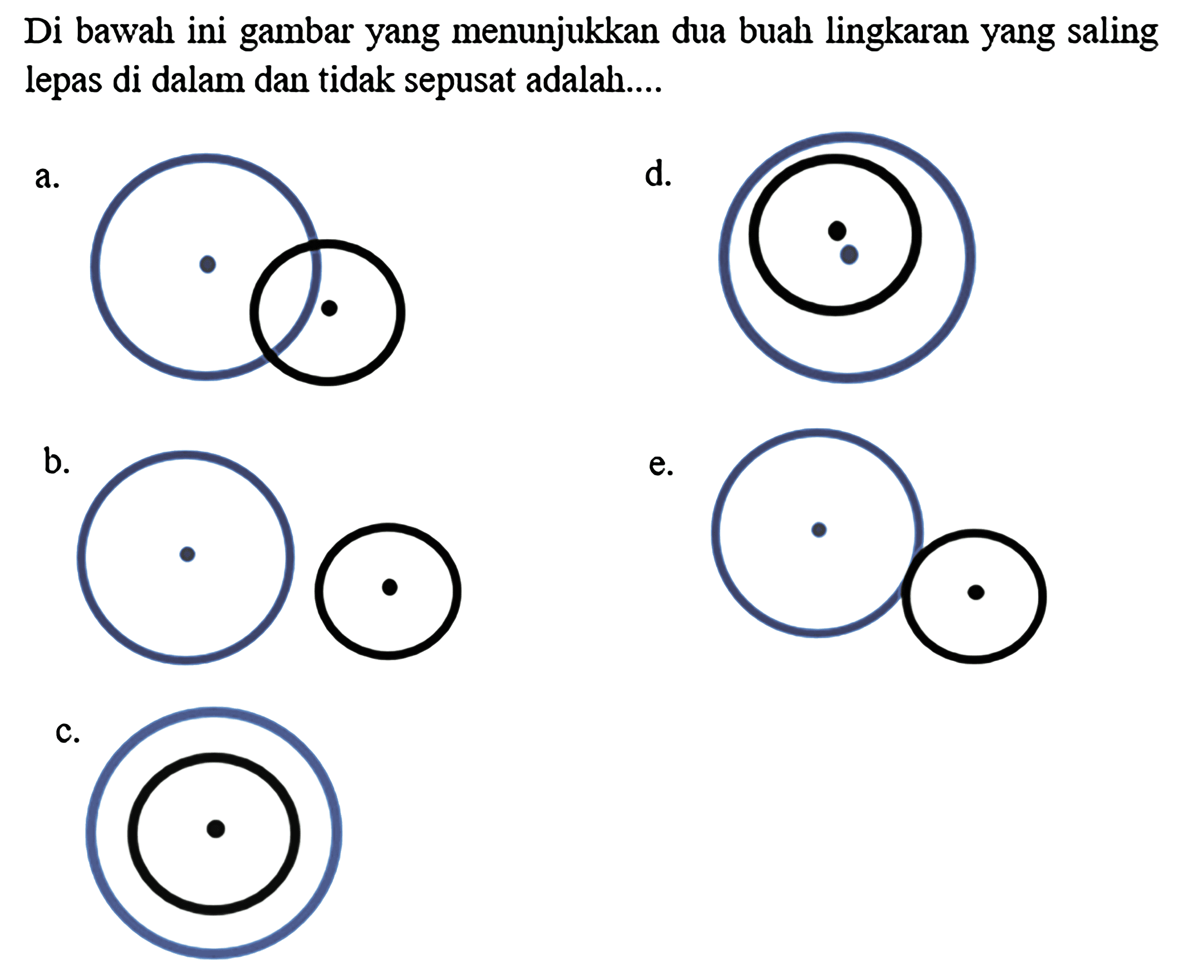 Di bawah ini gambar yang menunjukkan dua buah lingkaran yang saling lepas di dalam dan tidak sepusat adalah....