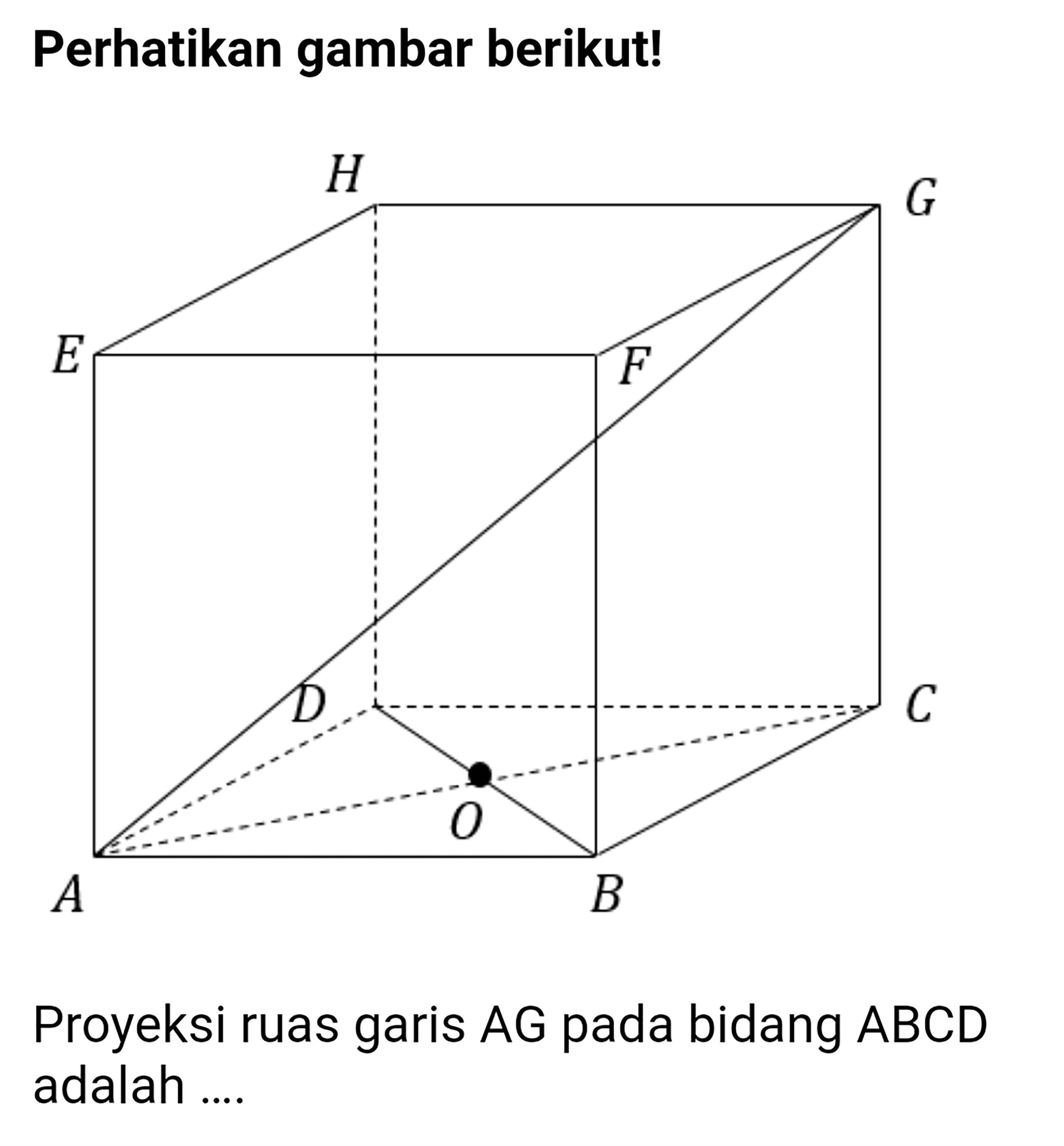 Perhatikan gambar berikut! Proyeksi ruas garis AG pada bidang ABCD adalah .....