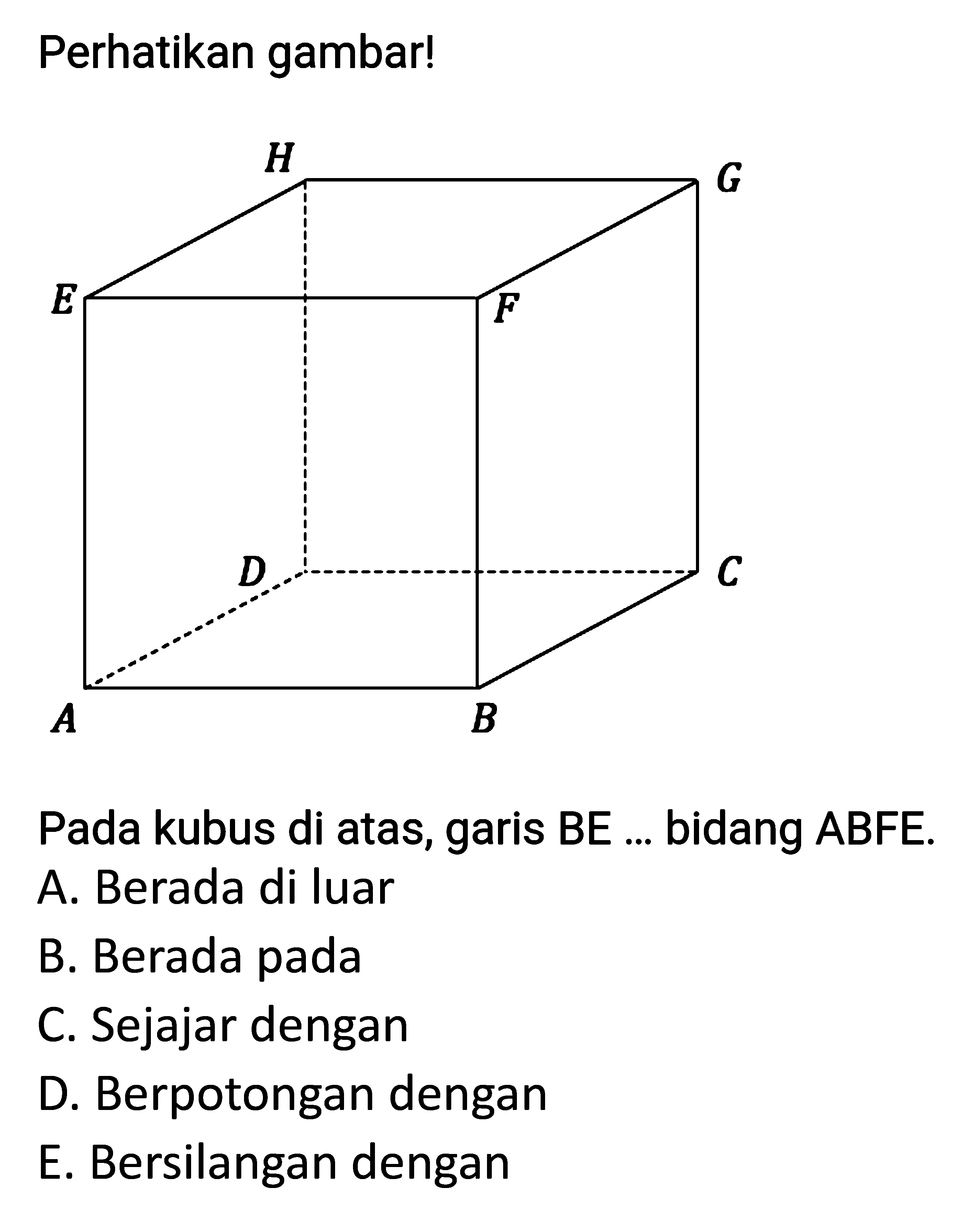 Perhatikan gambar! Pada kubus di atas, garis BE ... bidang ABFE.