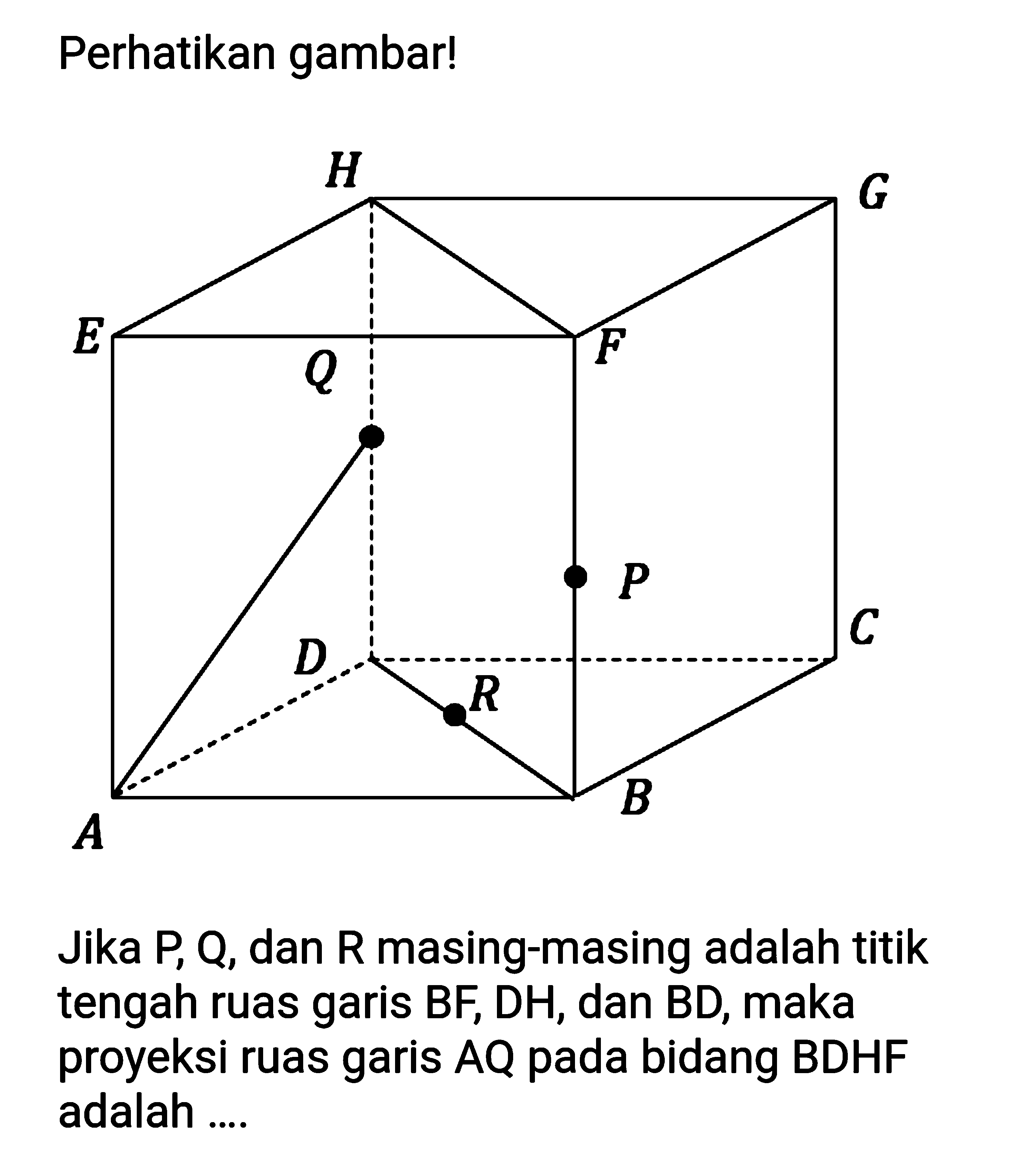 Perhatikan gambar! Jika P Q, dan R masing-masing adalah titik tengah ruas garis BF, DH, dan BD, maka proyeksi ruas garis AQ pada bidang BDHF adalah