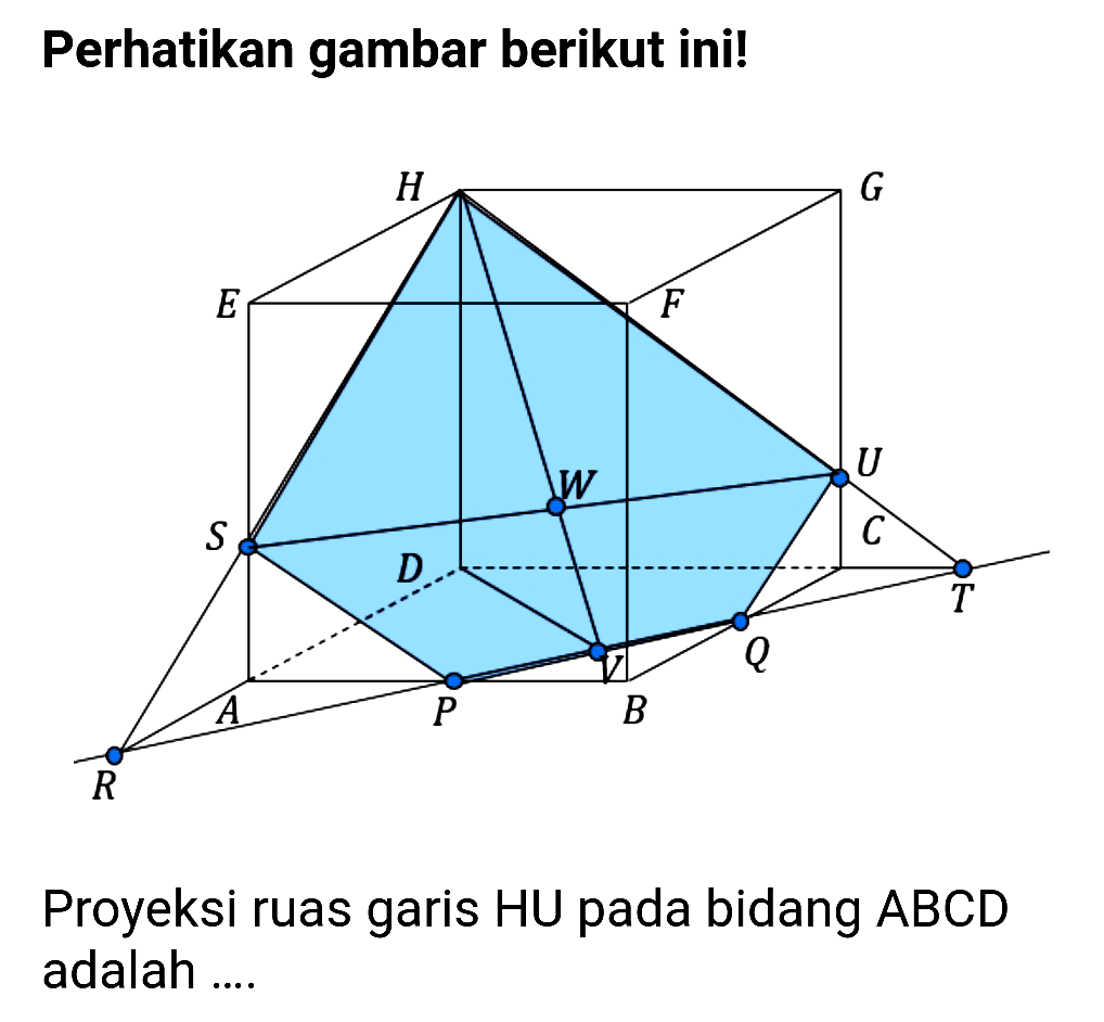 Perhatikan gambar berikut ini! H S A B R Proyeksi ruas garis HU pada bidang ABCD adalah....