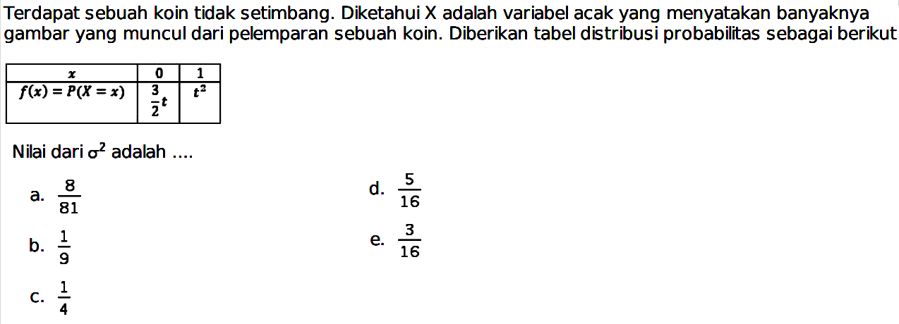 Terdapat sebuah koin tidak setimbang. Diketahui X adalah variabel acak yang menyatakan banyaknya gambar yang muncul dari pelemparan sebuah koin. Diberikan tabel distribusi probabilitas sebagai berikut  x 0 1  f(x)=P(X=x) 3/2t t^2 Nilai dari sigma^2 adalah ....