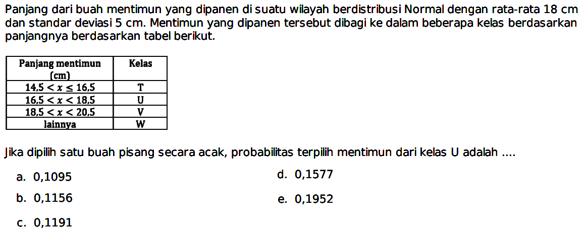 Panjang dari buah mentimun yang dipanen di suatu wilayah berdistribusi Normal dengan rata-rata  18 cm  dan standar deviasi  5 cm . Mentimun yang dipanen tersebut dibagi ke dalam beberapa kelas berdasarkan panjangnya berdasarkan tabel berikut.

 Panjang mentimun  (cm)   Kelas 
  14,5<x <= 16,5    T  
  16,5<x<18,5    U  
  18,5<x<20,5    V  
 lainnya   W  


Jika dipilih satu buah pisang secara acak, probabilitas terpilih mentimun dari kelas  U  adalah ....
