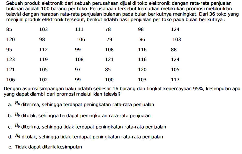 Sebuah produk elektronik dari sebuah perusahaan dijual di toko elektronik dengan rata-rata penjualan bulanan adalah 100 barang per toko. Perusahaan tersebut kemudian melakukan promosi melalui iklan televisi dengan harapan rata-rata penjualan bulanan pada bulan berikutnya meningkat. Dari 36 toko yang menjual produk elektronik tersebut, berikut adalah hasil penjualan per toko pada bulan berikutnya :
 85  103  111  78  98  124  120  98  106  79  86  103  95  112  99  108  116  88  123  119  108  121  116  124  121  105  97  85  120  105  106  102  99  100  103  117 
Dengan asumsi simpangan baku adalah sebesar 16 barang dan tingkat kepercayaan  95 % , kesimpulan apa yang dapat diambil dari promosi melalui iklan televisi?
