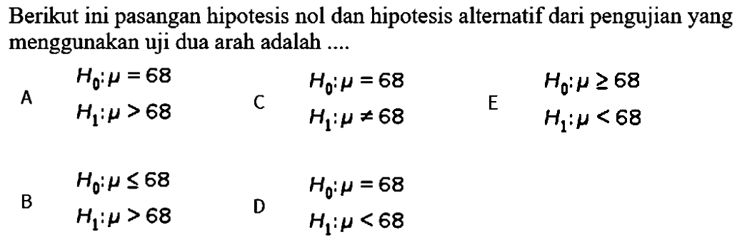 Berikut ini pasangan hipotesis nol dan hipotesis alternatif dari pengujian yang menggunakan uji dua arah adalah ....A   H0: mu=68 
C  H0: mu  =68  H1: mu  =/= 68   
E   H0: mu >= 68   H1: mu<68 
B  H0: mu <= 68 
D  H0: mu=68   H1: mu<68 