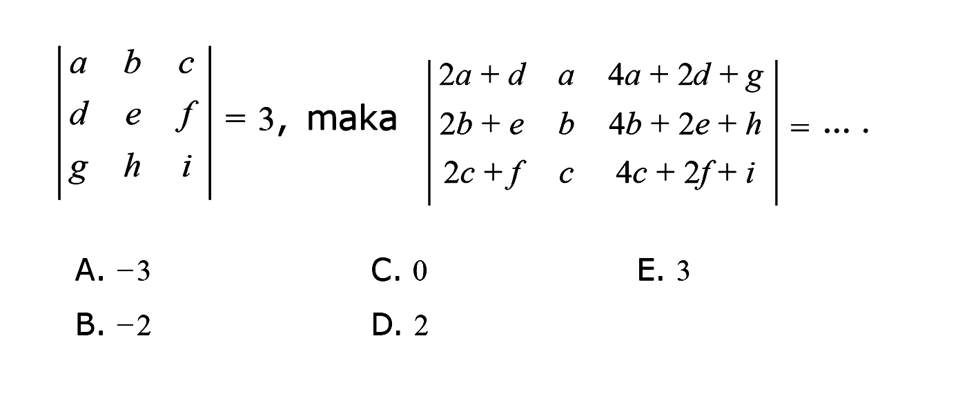 |a b c d e f g h i|=3, maka |2a+d a 4a+2d+g 2b+e b 4b+2e+h 2c+f c 4c+2f+i|=