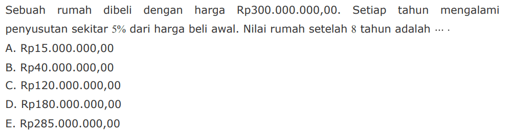 Sebuah rumah dibeli dengan harga Rp300.000.000,00. Setiap tahun mengalami penyusutan sekitar 5% dari harga beli awal. Nilai rumah setelah 8 tahun adalah .... 