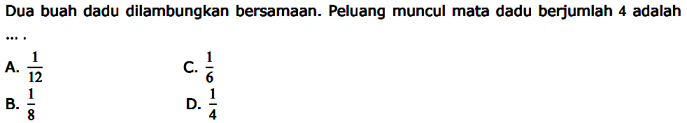 Dua buah dadu dilambungkan bersamaan. Peluang muncul mata dadu berjumlah 4 adalah  .... 